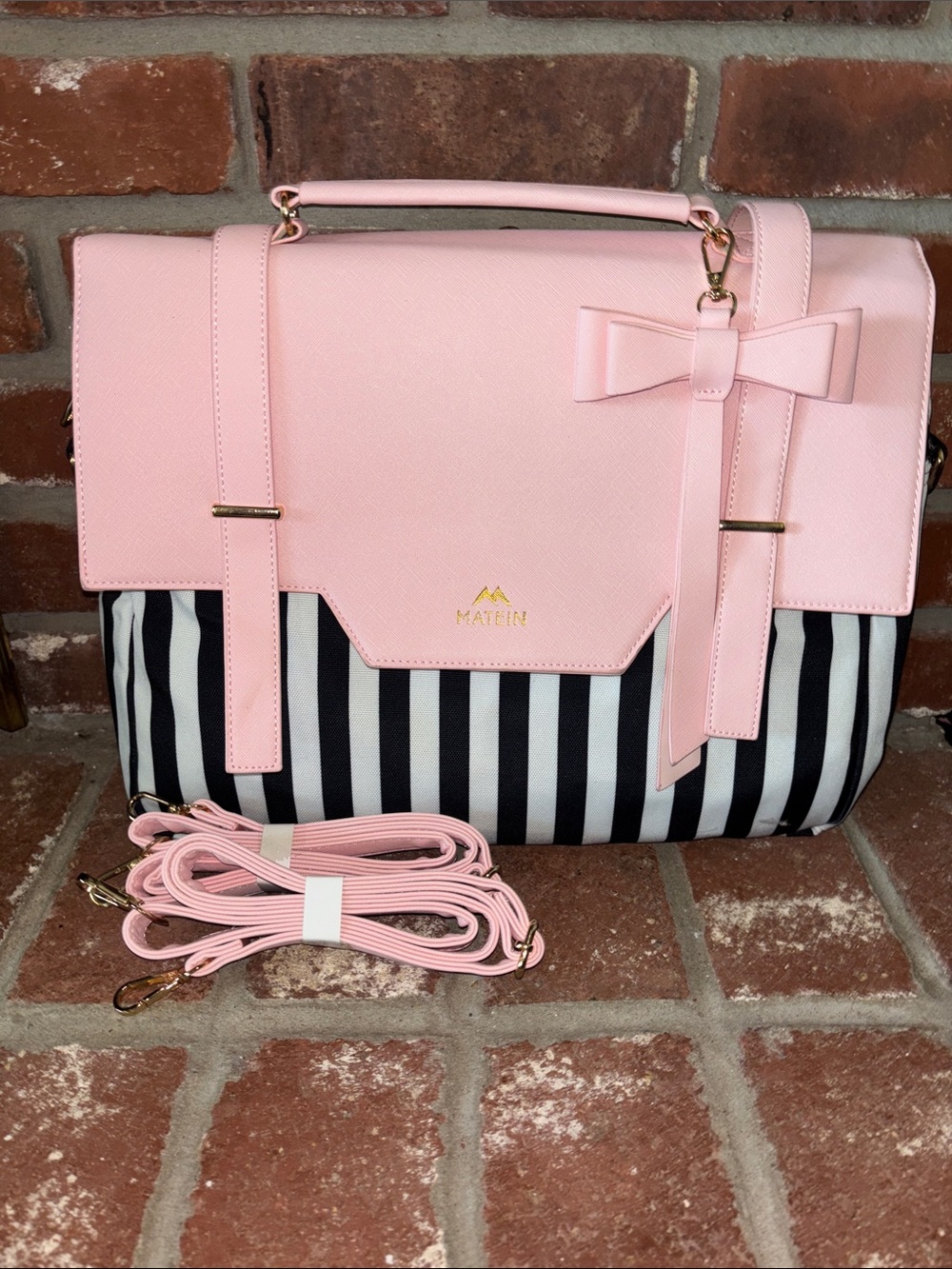NEW! Matein Pink Striped Satchel Business Computer Work Bag with Bow & Straps